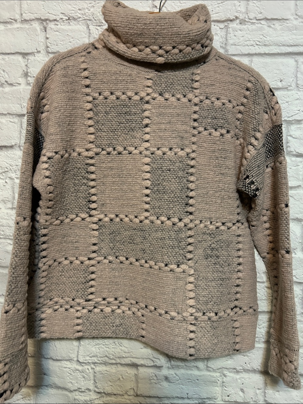 Prana Chunky Turtleneck Patchwork Sweater in Taupe/soft Pink with black accents